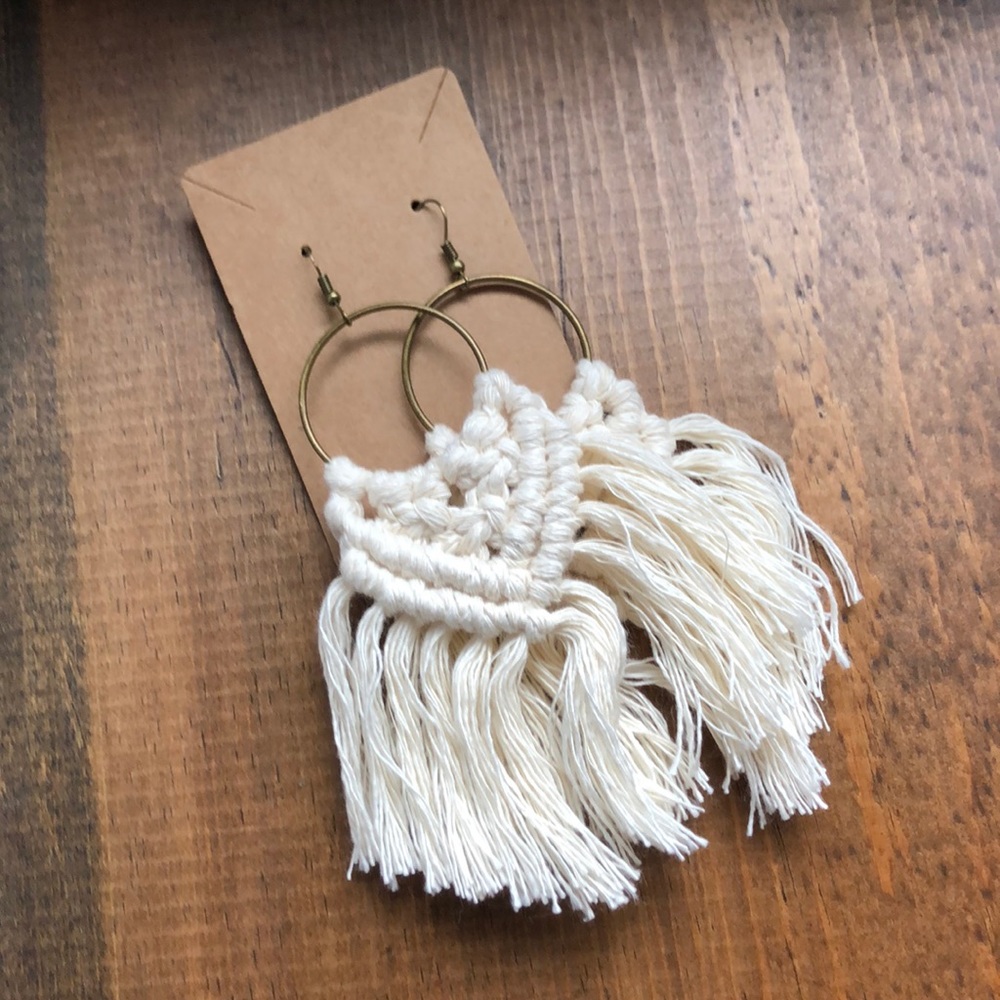 Macramé earrings on bronze hoops.